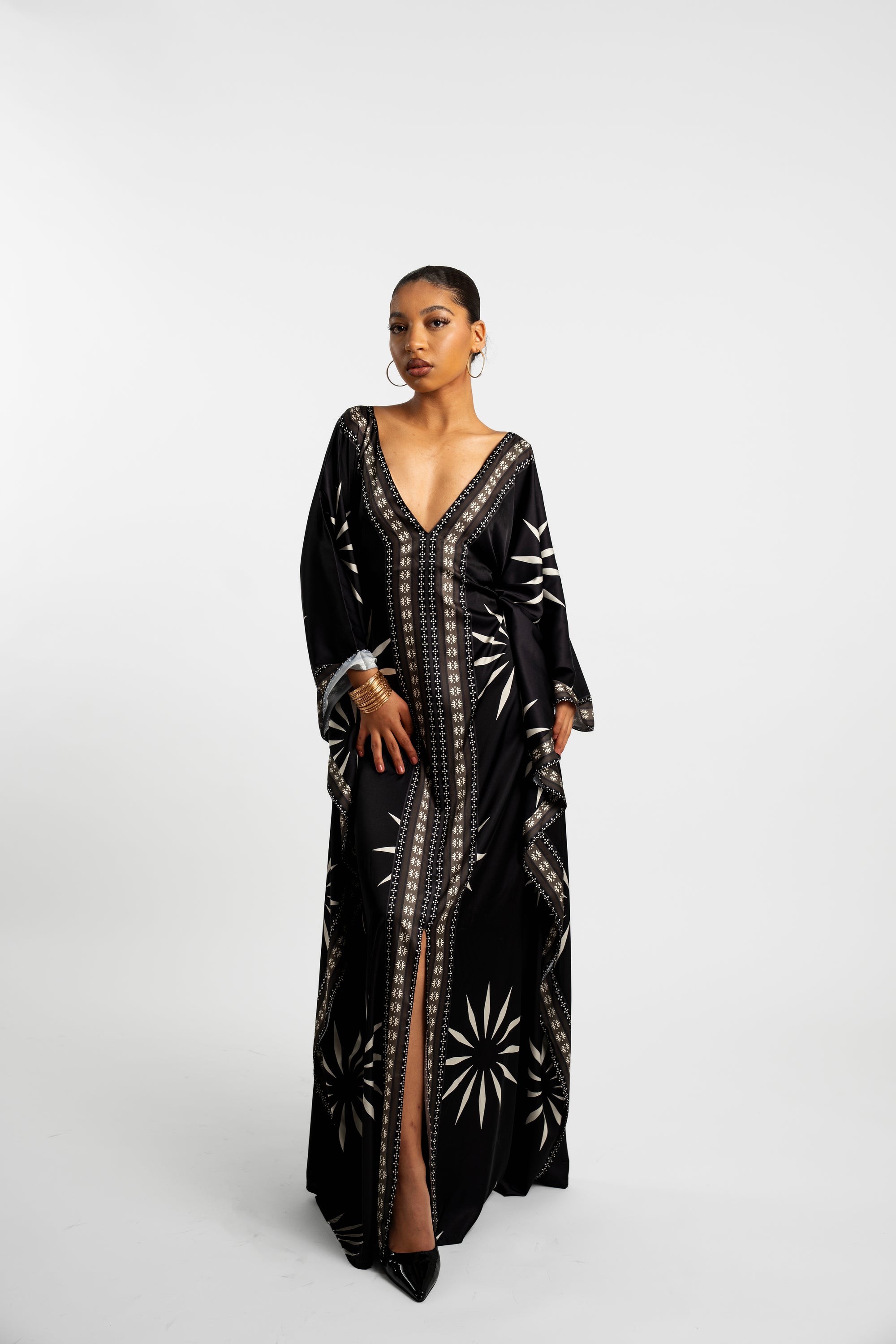 Printed Silk Kaftan/ Black