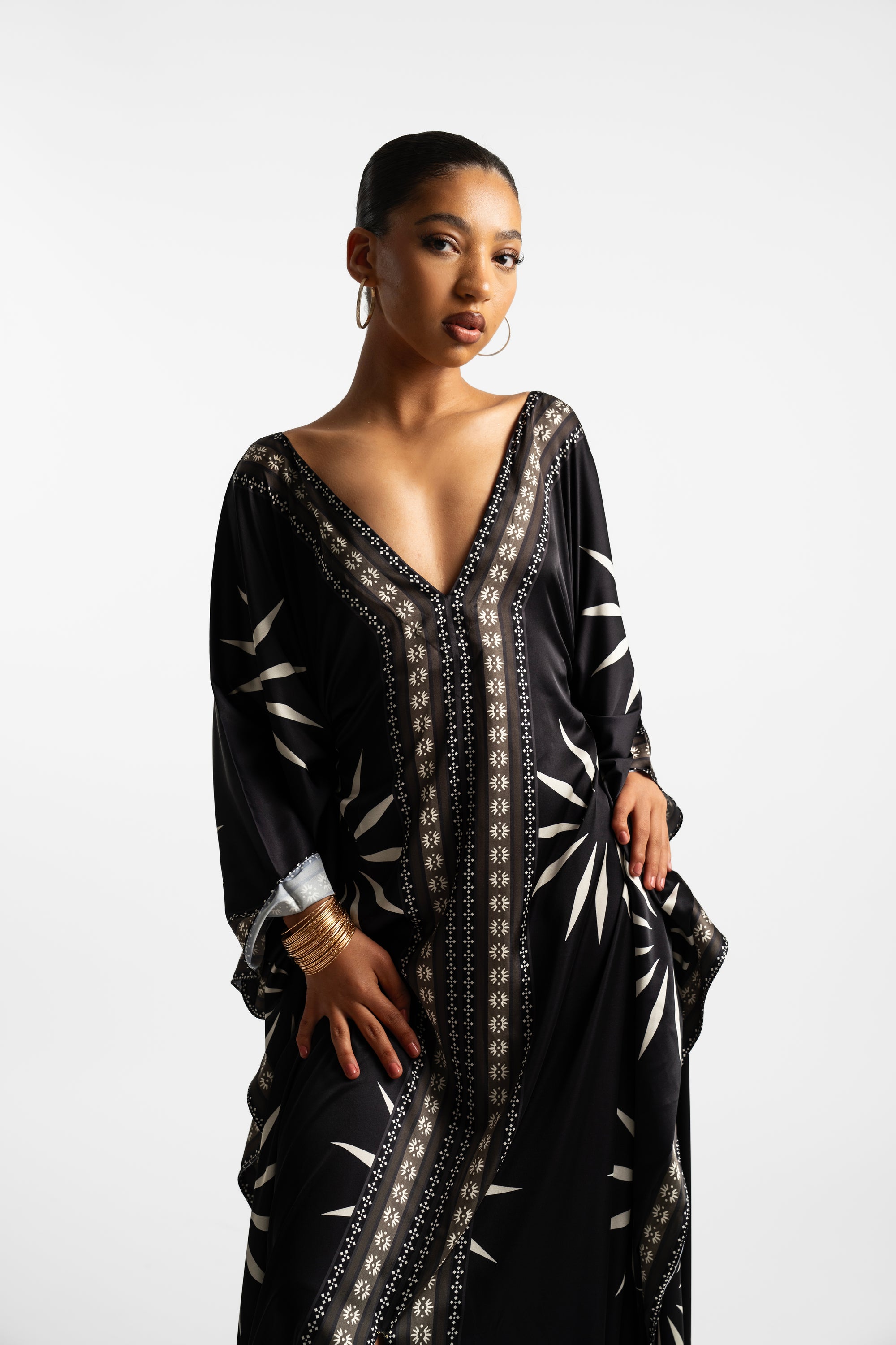 Printed Silk Kaftan/ Black